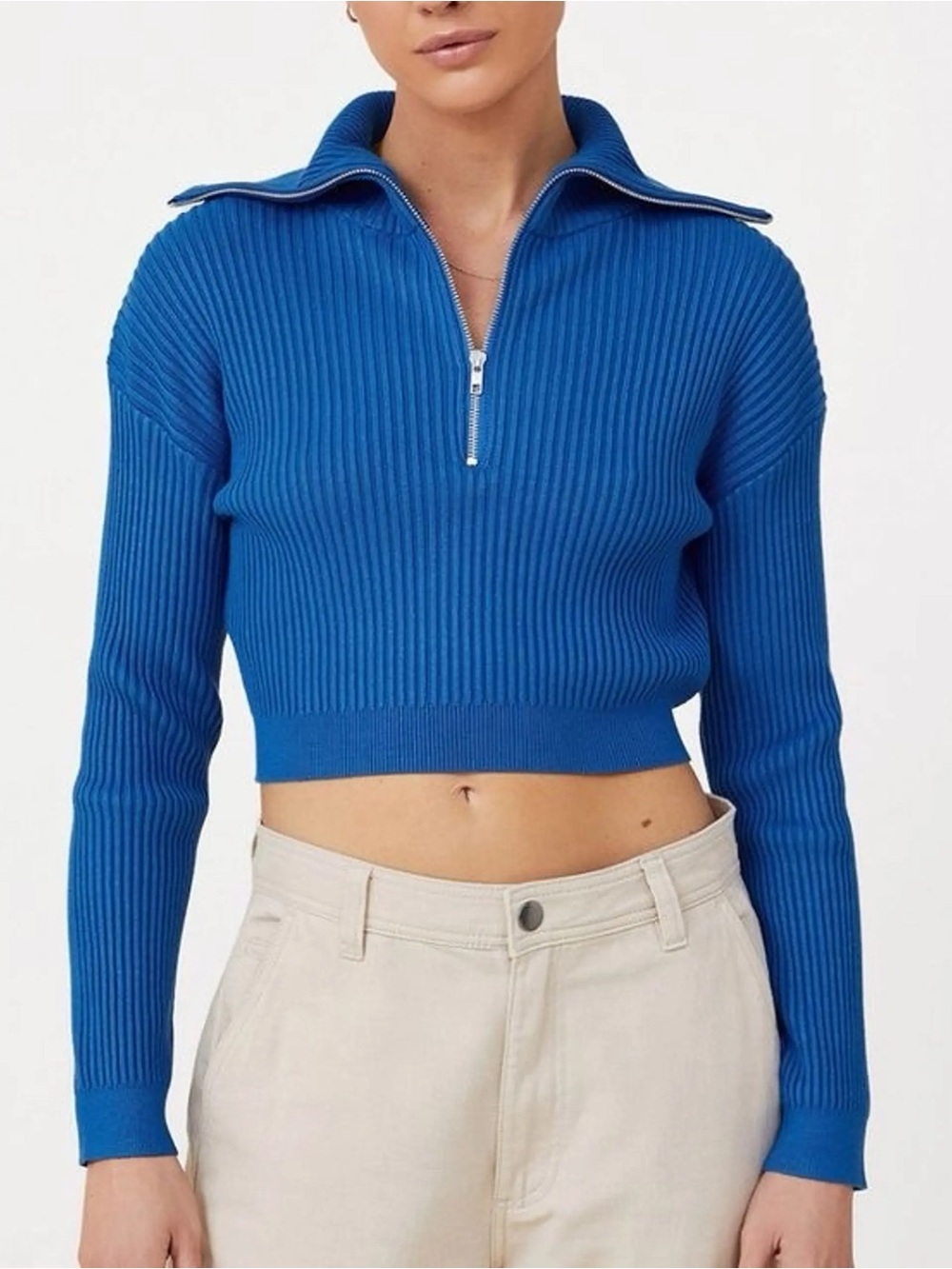 Cotton On Royal Blue Ribbed Zip-Collar Cropped Sweater